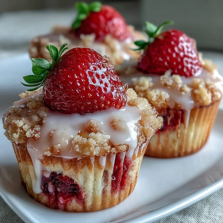 Moist strawberry muffins with bright lemon glaze, a delightful combination for brunch or afternoon snacking.