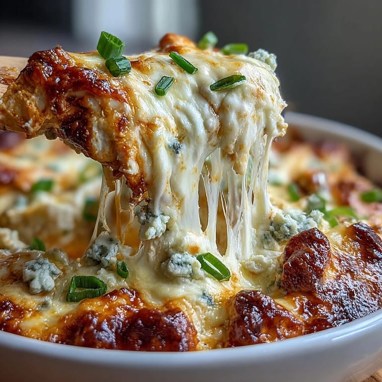 High-protein cottage cheese buffalo chicken dip topped with green onions, perfect for game day snacking.  