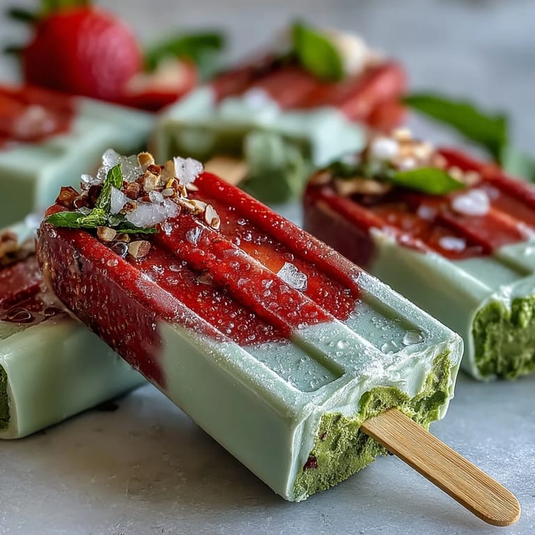Refreshing homemade Strawberry Matcha Latte Popsicles blending sweet strawberries and earthy matcha for a cool treat.  