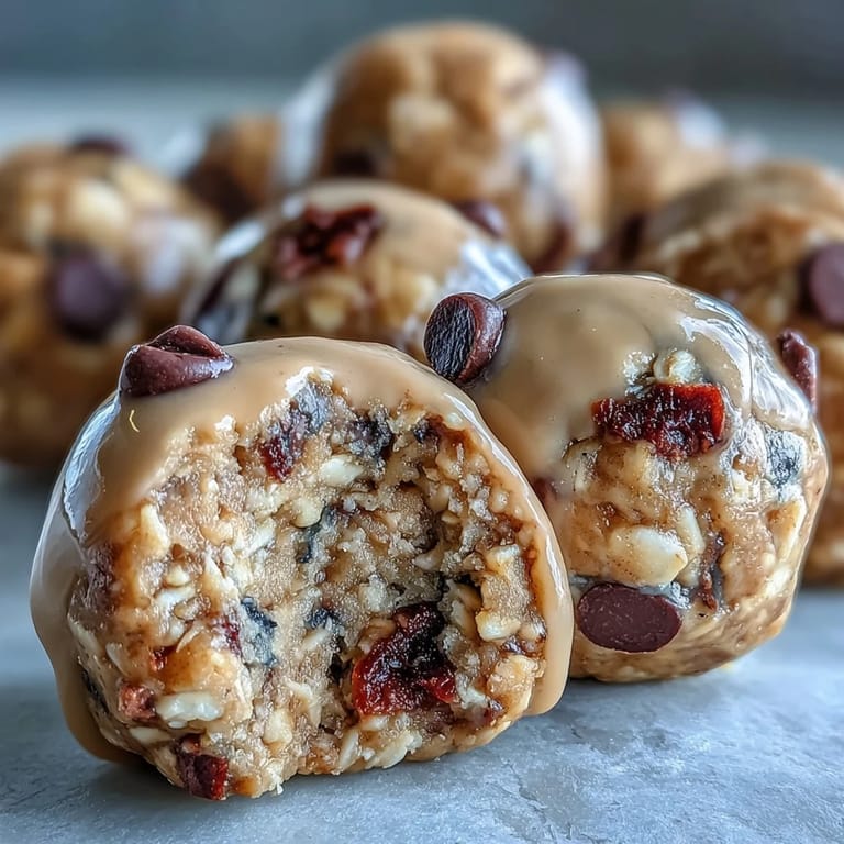 No-bake peanut butter energy balls with dark chocolate chips, perfect for a quick and healthy treat on the go.  