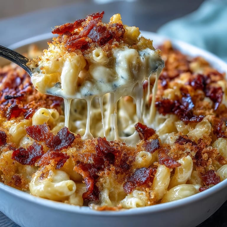 Rich macaroni and cheese with a smoky bacon crumb topping, served hot and gooey for a classic American comfort dish.