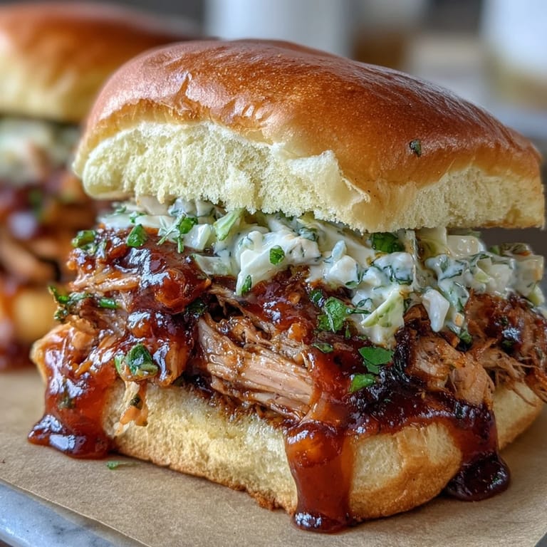 Tender pulled pork piled high on mini buns, drizzled with rich barbecue sauce and topped with fresh coleslaw for irresistible sliders.