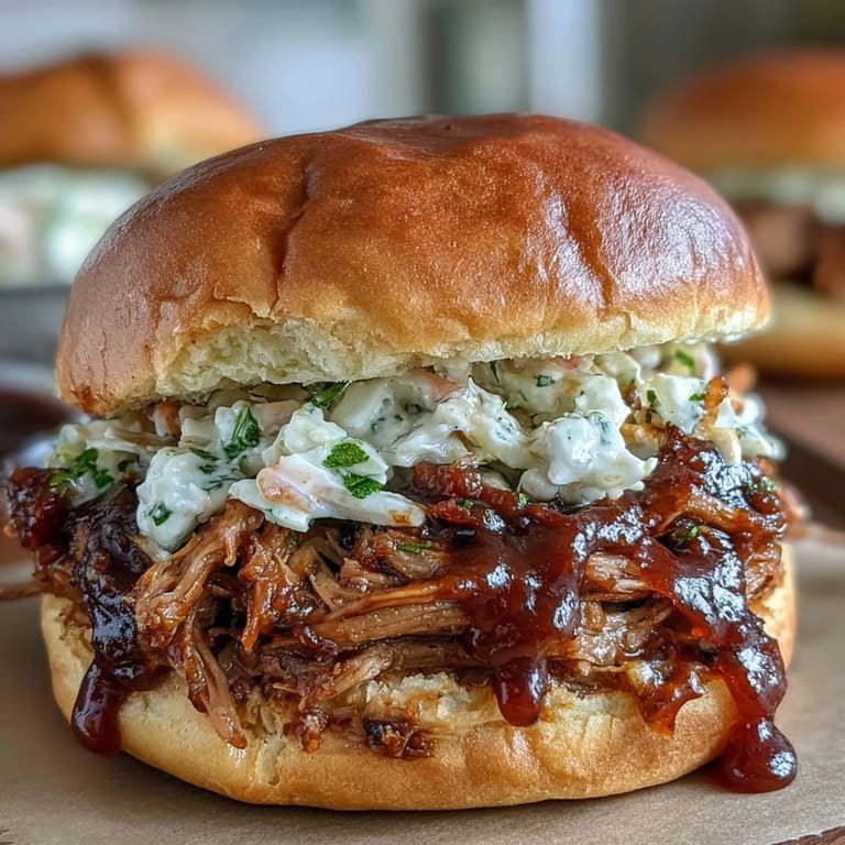 Juicy shredded pork shoulder simmered in smoky barbecue sauce, served on soft slider buns with crisp coleslaw for a crowd-pleasing appetizer.  