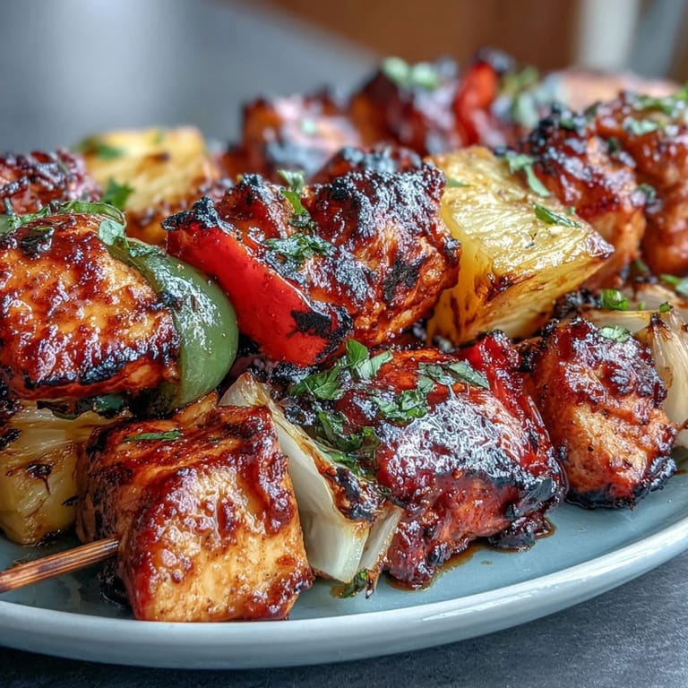 Sweet pineapple chunks and tender chicken pieces threaded with vibrant bell peppers on skewers, ready for a flavorful outdoor meal.  