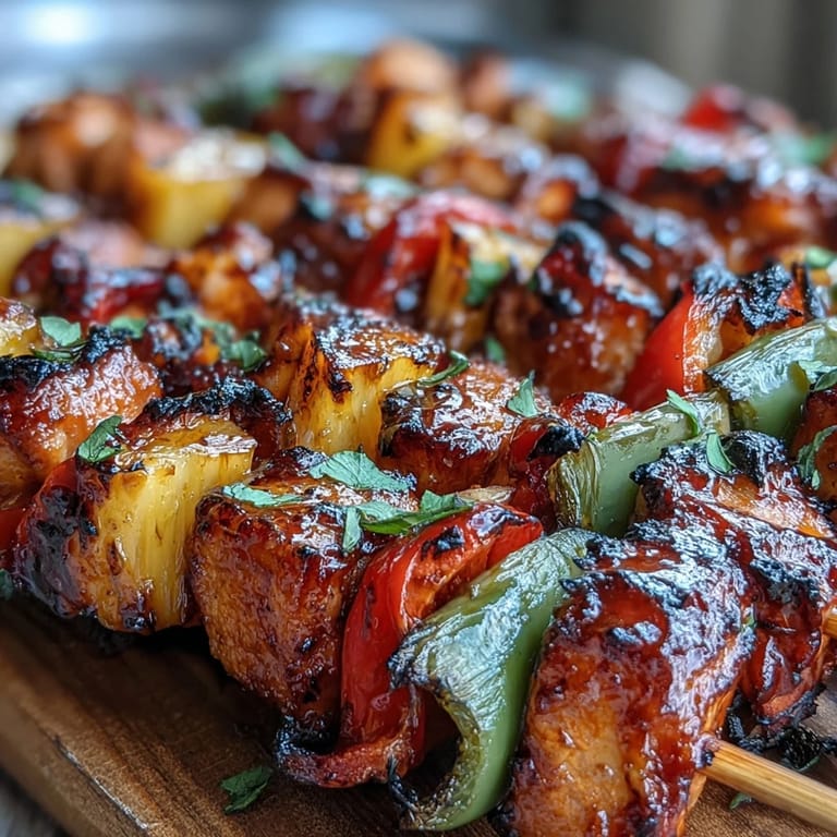 Marinated grilled chicken and tropical pineapple kabobs with bell peppers, perfect for easy, healthy, gluten-free summer dinners.