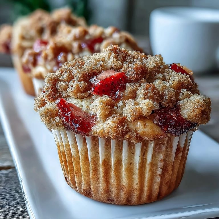 Fluffy muffins studded with juicy strawberries and crowned with a crisp cinnamon crumble, ideal for brunch or afternoon snacks.