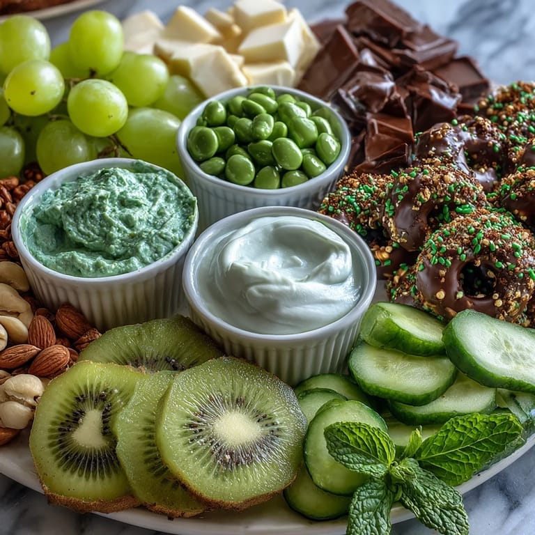 Colorful St. Patricks Day Snacks Board with fresh cucumber, snap peas, and guacamole, perfect for sharing with friends and family.  