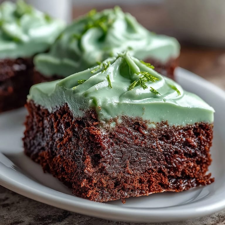 Decadent homemade brownies cut into lucky shamrock shapes and decorated with vibrant green icing and sprinkles for a fun holiday treat.