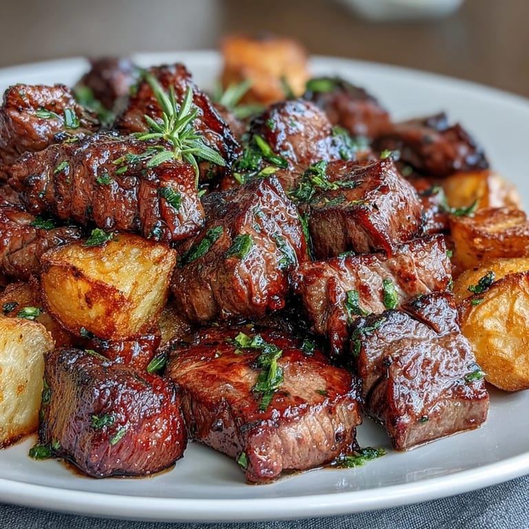 Juicy sirloin steak bites seared with crispy Yukon Gold potatoes, tossed in a fragrant garlic butter sauce with parsley and lemon zest.