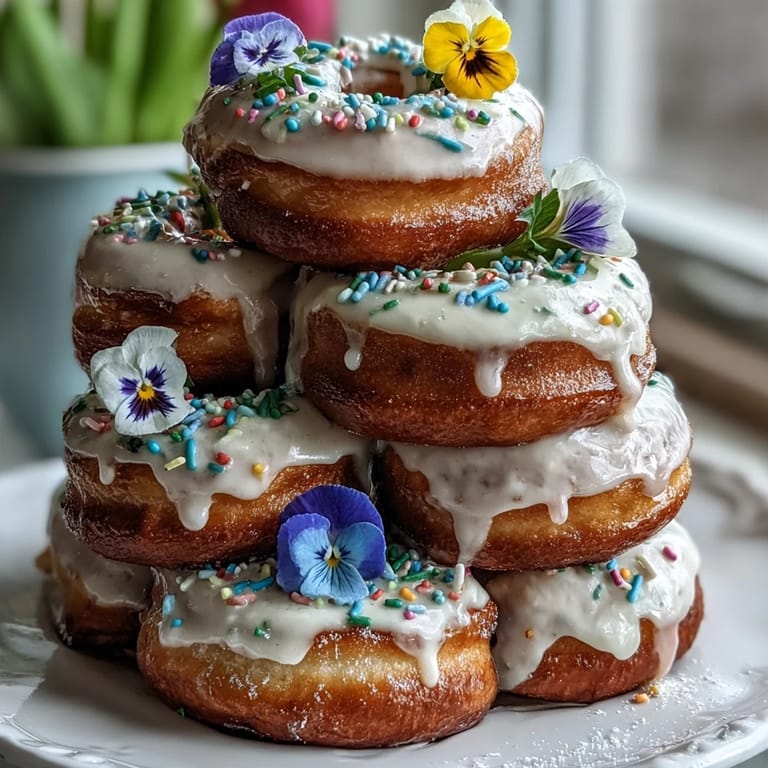 A charming tiered display of glazed mini donuts decorated with edible blooms, creating a stunning dessert centerpiece for spring celebrations.