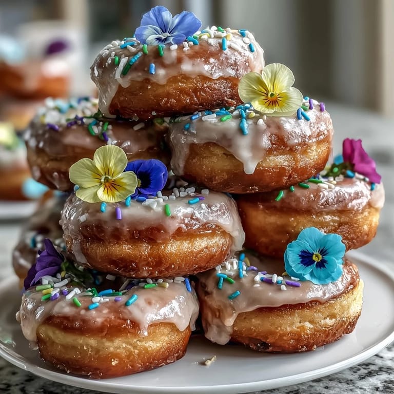 An enchanting mini donut tower with delicate flowers and mint leaves, ideal for festive baby shower dessert tables.