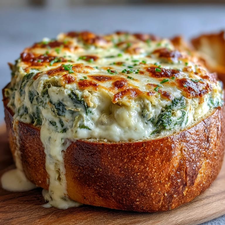 Warm spinach and artichoke dip with melted cheese served in a golden sourdough bread bowl, perfect for holiday parties.  