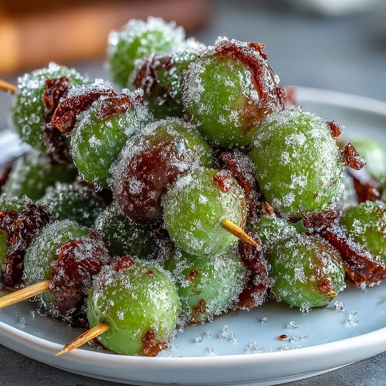 Sweet and tangy frozen grape skewers with a bright lime sugar coating, ideal for hot days.  