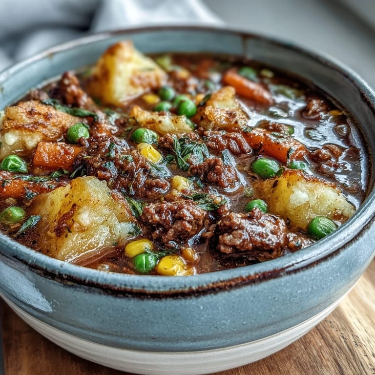 Warm bowl of Shepherds Pie Soup featuring tender ground beef, mixed vegetables, and creamy potatoes in rich broth.  