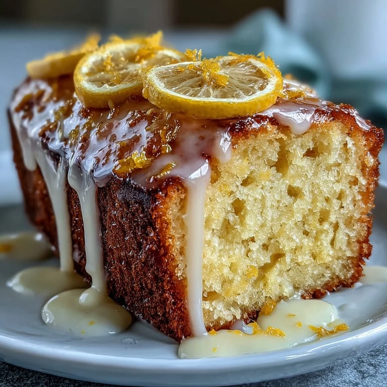 A golden limoncello pound cake drizzled with lemon glaze, offering a moist, citrusy dessert ideal for gatherings or afternoon tea.