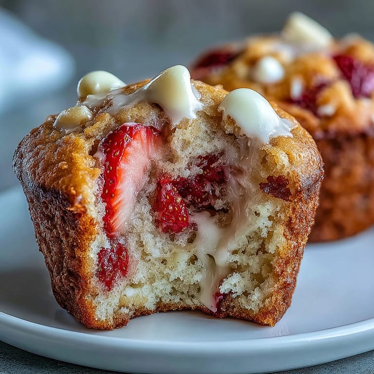 Fluffy strawberry muffins dotted with sweet white chocolate chips, fresh from the oven and ready to enjoy.