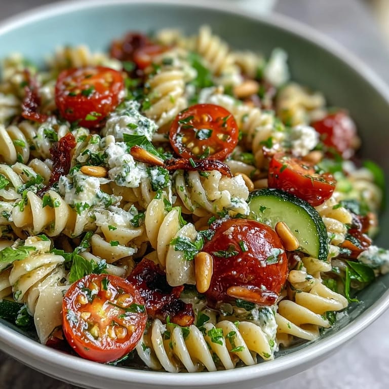 Refreshing summer pasta salad with bright lemon dressing, tender pasta, and colorful cherry tomatoes and cucumbers.