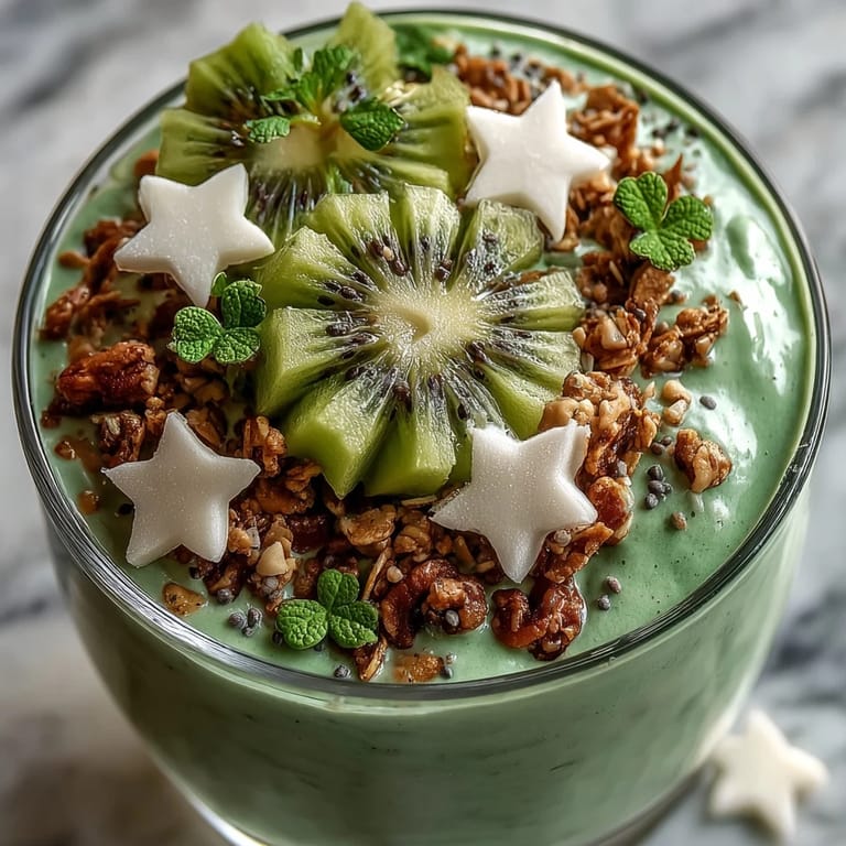 Creamy protein-packed smoothie bowl bursting with fresh mint and kiwi, decorated with edible gold stars for a lucky St. Patrick's Day treat.