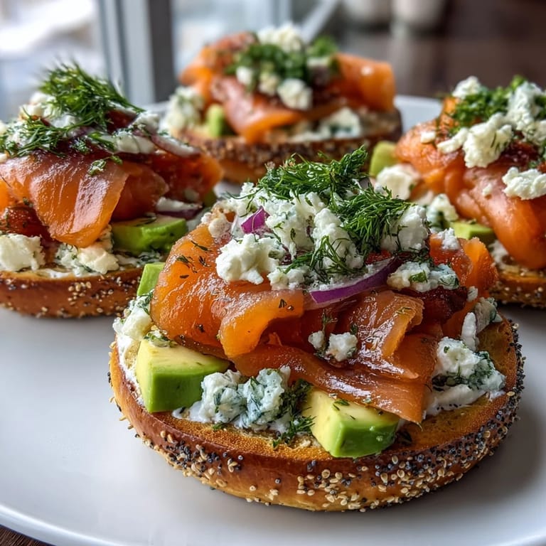 Elegant smoked salmon bagel platter featuring whipped chive cream cheese, ripe avocado, red onion, and capers, perfect for sharing at spring gatherings.