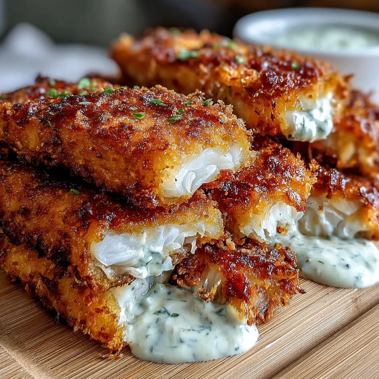 Southern-style fried catfish fillets, perfectly crispy and golden, paired with a zesty remoulade sauce for authentic soul food flavor.