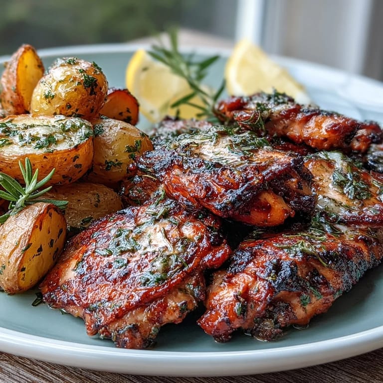 Aromatic lemon herb roasted chicken with tender baby potatoes, golden skin glistening with olive oil and fresh herbs.