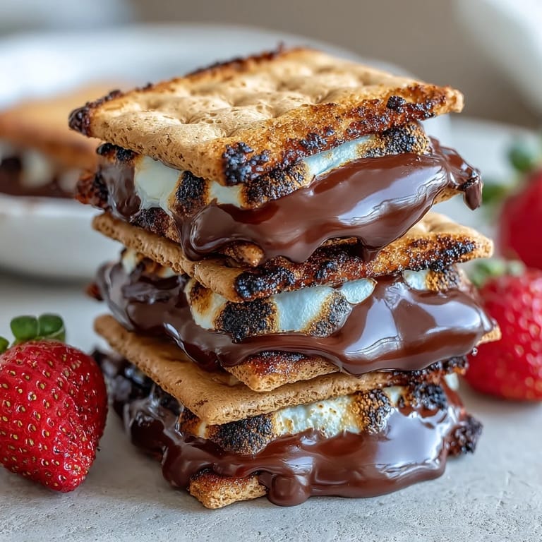 Warm s'mores dip with red, white, and blue candies served with graham crackers and fresh berries.