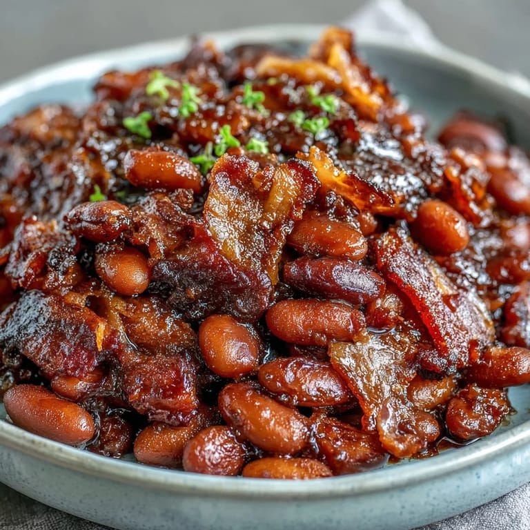 A serving spoon lifts a generous portion of Summer BBQ Baked Beans with Brown Sugar and Bacon, revealing their glossy, caramelized texture and smoky aroma.