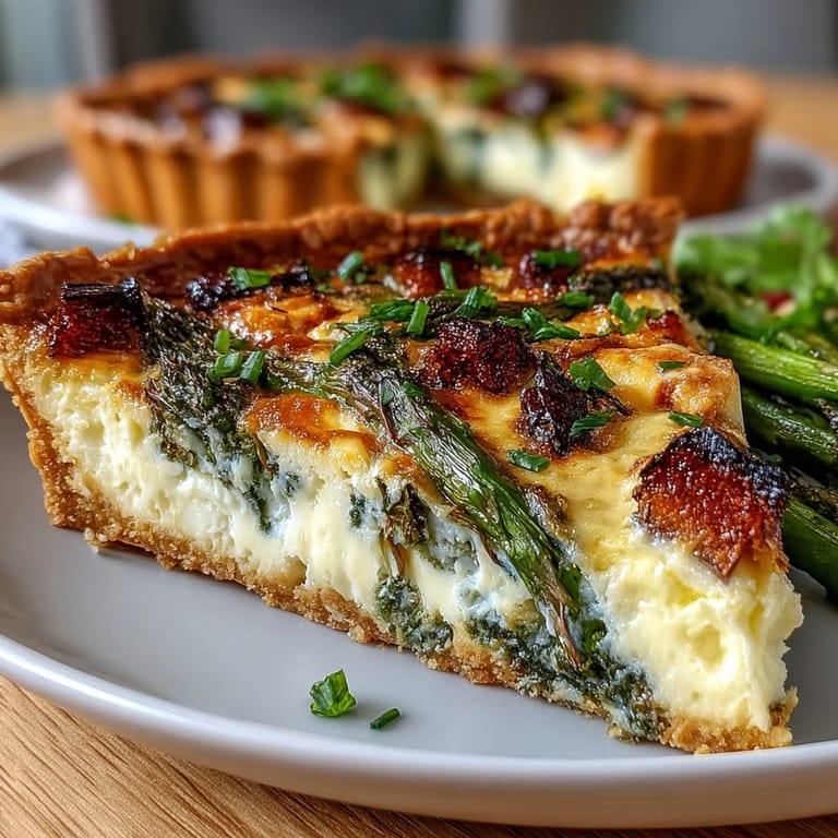 Sliced quiche reveals silky egg custard, fresh asparagus, and melted Brie in a buttery crust—perfect for spring celebrations.