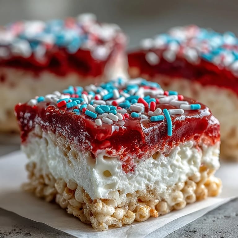 Chewy marshmallow Rice Krispies squares in patriotic colors, perfect for Independence Day parties and summer celebrations.  