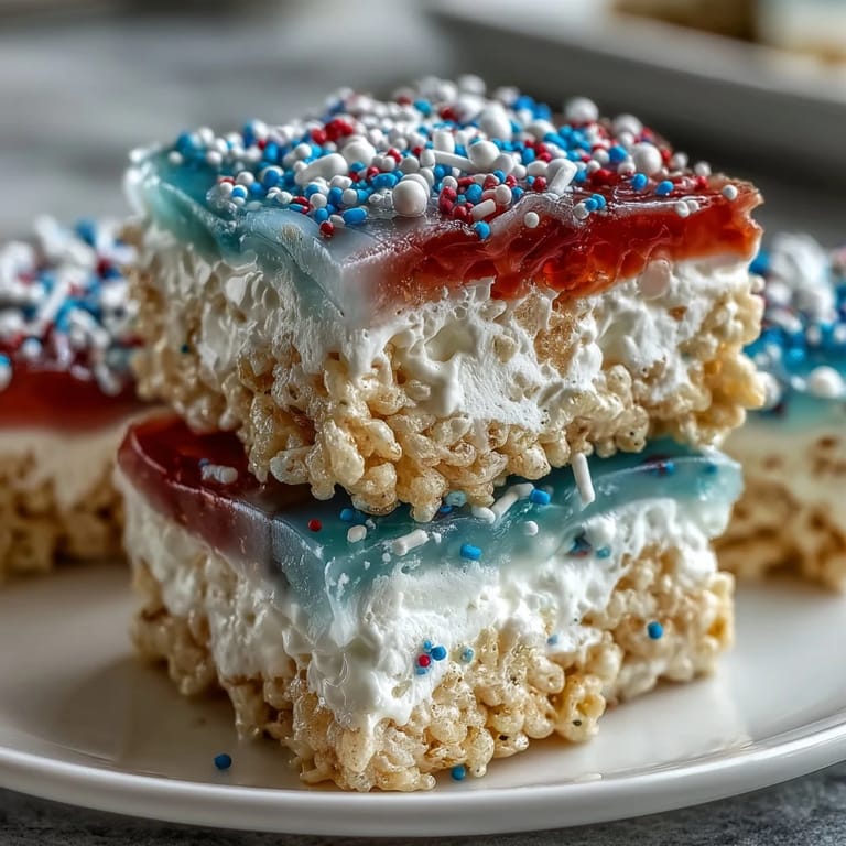 Easy no-bake 4th of July Rice Krispies treats with red, white, and blue layers, ideal for kids and family gatherings.