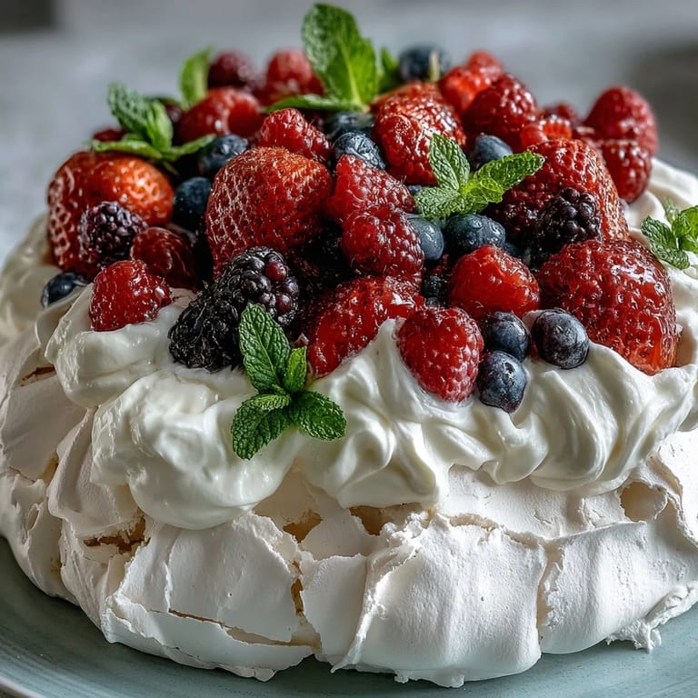 Elegant pavlova dessert with golden-brown meringue shell, sweet vanilla whipped cream, and an artful arrangement of ripe seasonal berries.