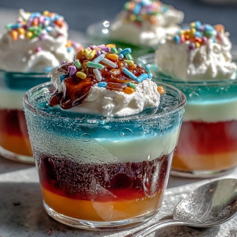 Festive Rainbow Jello Cups for Kids: Kid-friendly, multi-colored Jello dessert with creamy whipped topping, perfect for birthdays and celebrations.