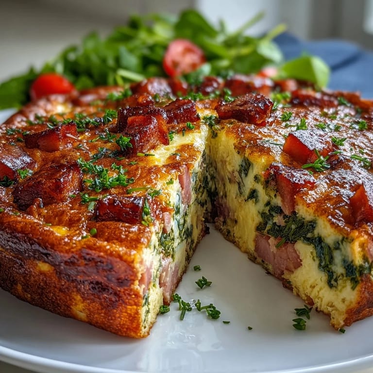 Savory One-Pan Ham and Swiss Frittata featuring tender vegetables, fluffy eggs, and bubbly melted cheese, served warm from the oven.