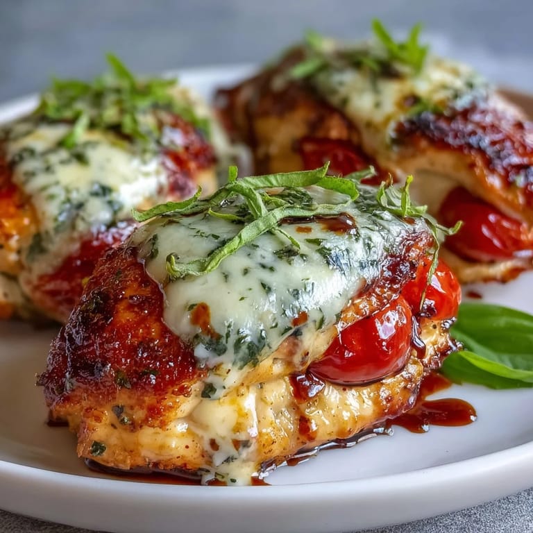 Caprese Stuffed Chicken Breast with tender chicken, gooey mozzarella, and fragrant basil, oven-baked to perfection and served with a balsamic finish.