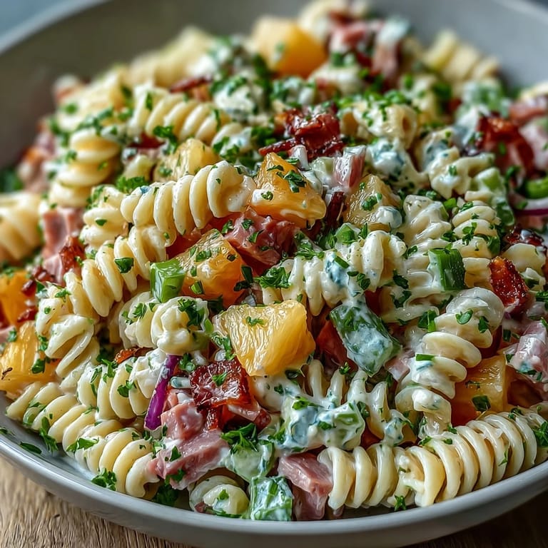 Creamy Hawaiian pasta salad featuring diced ham, sweet pineapple, and crisp vegetables tossed in ranch dressing.  