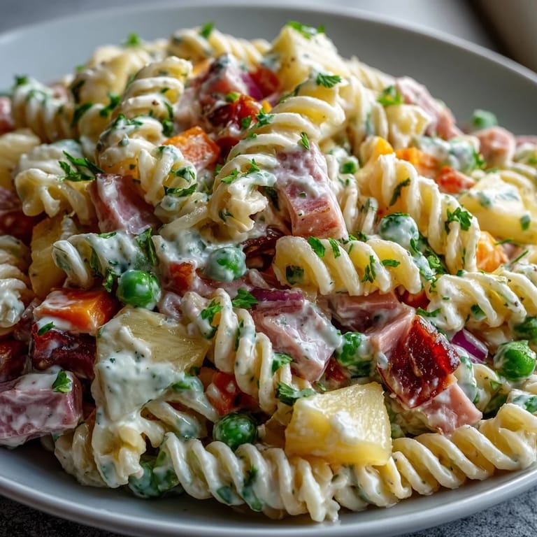 Vibrant Hawaiian pasta salad with ham, pineapple, and ranch, ideal for a refreshing main or side dish.