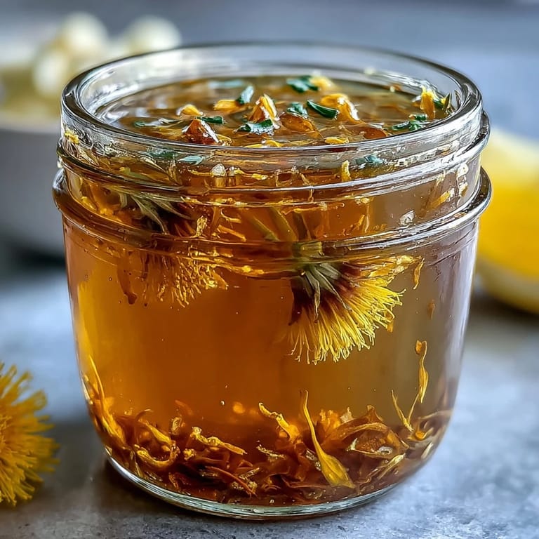 Floral dandelion jelly infused with zesty lemon and sweet honey, a unique homemade preserve for breakfast or dessert.