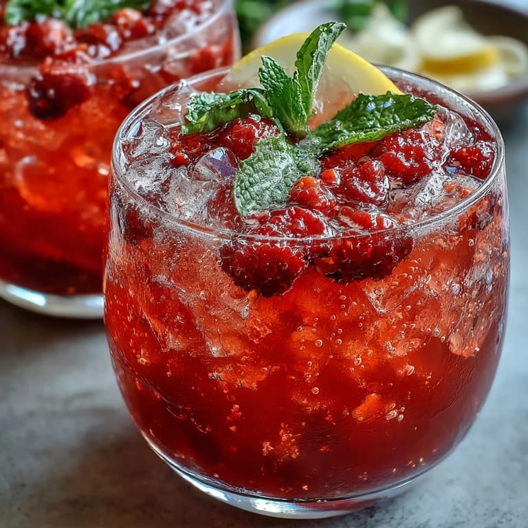 Refreshing Raspberry Lemon Spritz Mocktail served over ice with fresh raspberries, lemon wheels, and mint for a festive drink.