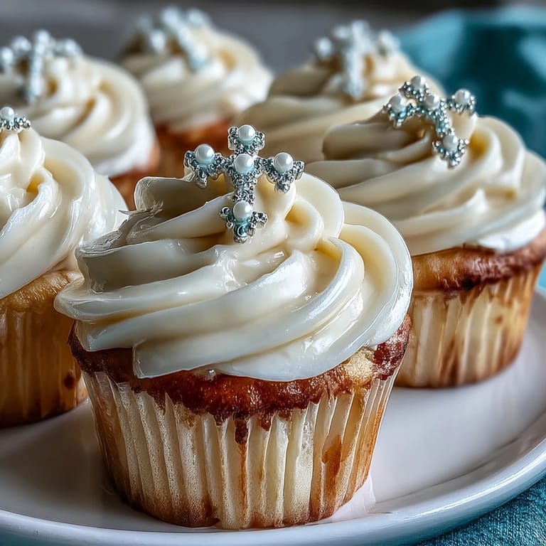 Soft vanilla mini cupcakes adorned with smooth buttercream and handmade fondant rosary toppers, ideal for First Communion dessert tables and religious gatherings.