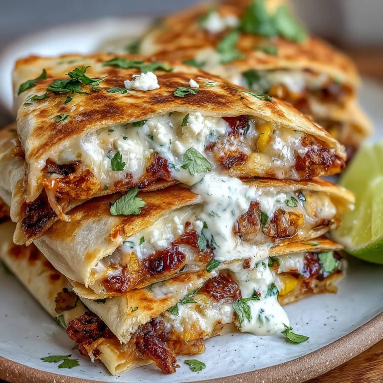 Festive quesadilla recipe featuring gooey Monterey Jack, Mexican street corn, and spicy chipotle crema for a flavor-packed meal.