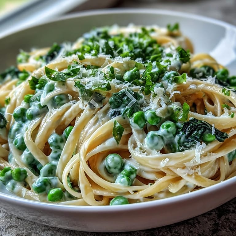 Spring pasta with lemon cream sauce, vibrant green peas, and spinach, served on a rustic table.