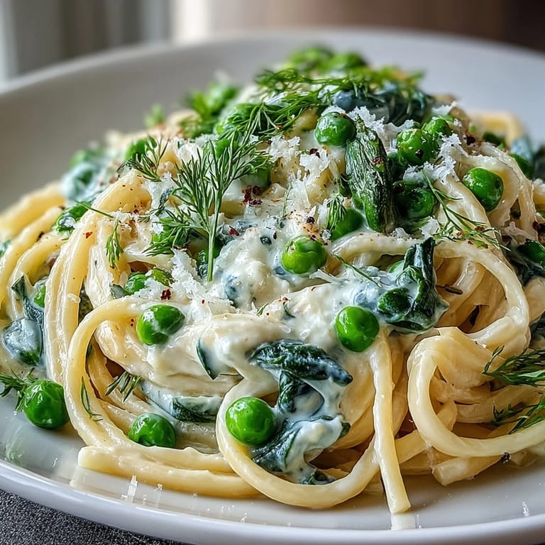 Bright lemon cream sauce coats fettuccine and peas, with fresh chives and Parmesan on top.