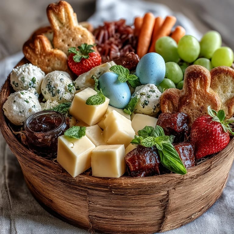 Kid-friendly mini Easter basket treat board with sweet candies, fresh veggies, and savory meats in vibrant, playful clusters.