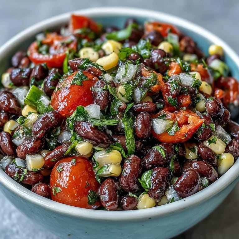 Colorful cowboy caviar dip made with black beans, corn, and pico de gallo, perfect for dipping or topping tacos.