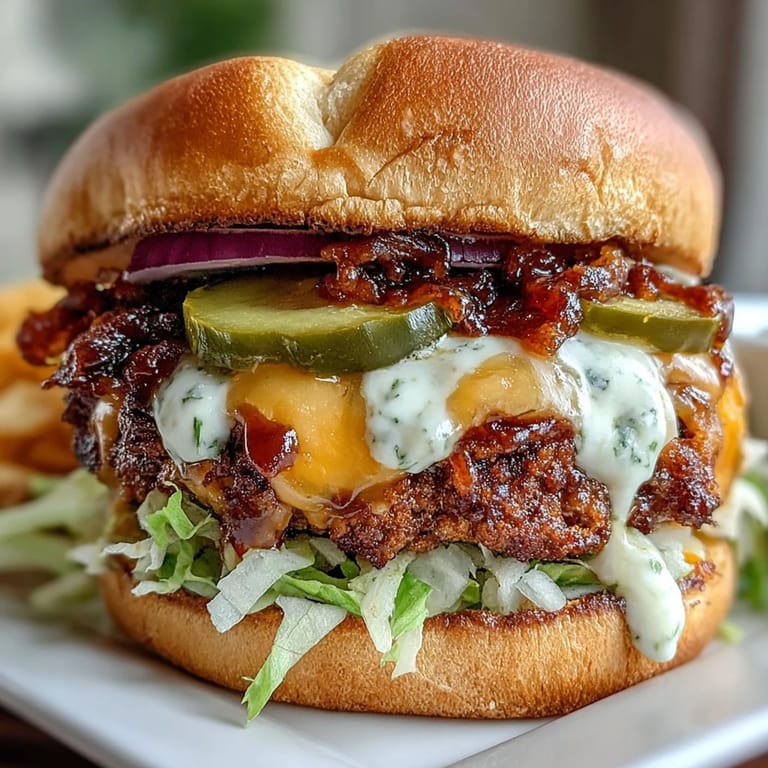 Golden brioche slider buns stacked with seasoned beef patties, fresh lettuce, pickles, and onions, drizzled with creamy homemade sauce.  