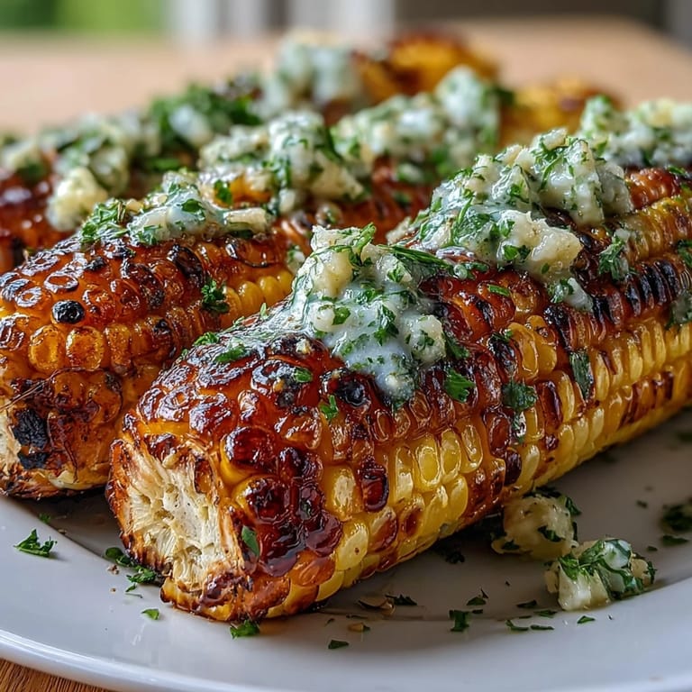 Smoky grilled corn on the cob awaits delicious dips of fresh herbed butter.