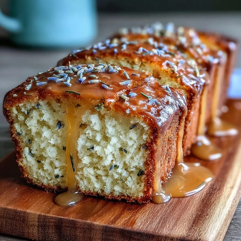 Zesty lemon and floral lavender flavors shine in this honey-glazed loaf cake, beautifully golden and ready to slice.