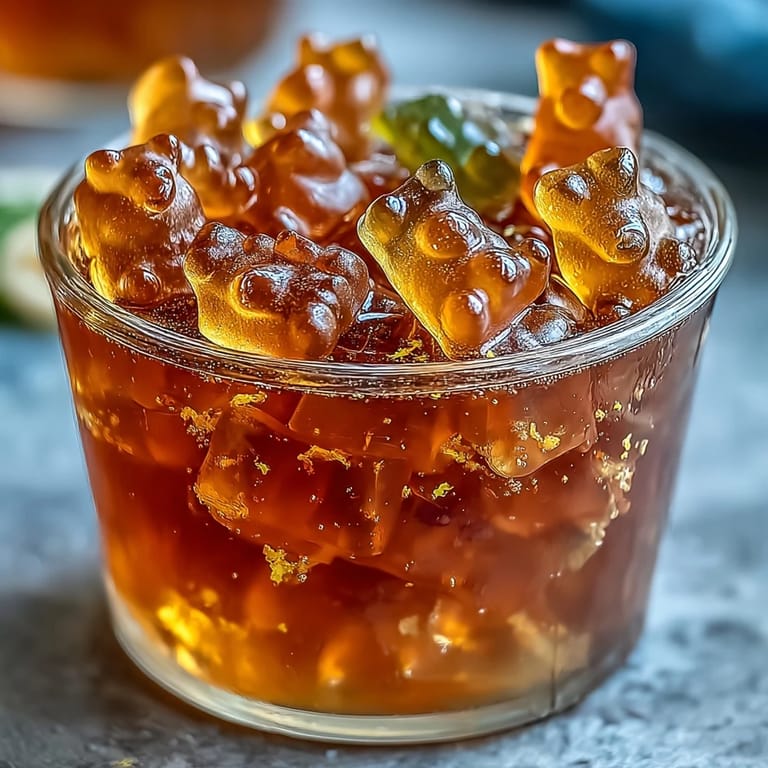 Refreshing lemonade gelatin cups layered with gummy bears and fresh lemon slices, creating a playful and nostalgic treat that delights kids and adults alike.