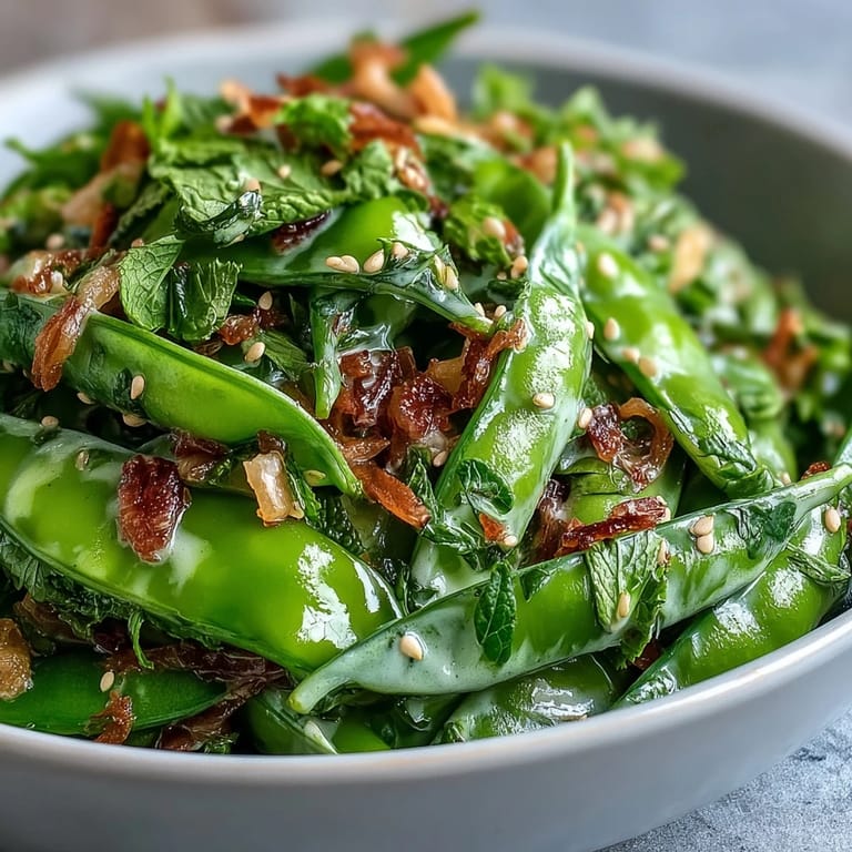Fresh snap pea and radish salad tossed with herbs and drizzled with smooth tahini dressing, ideal for a healthy vegetarian lunch.