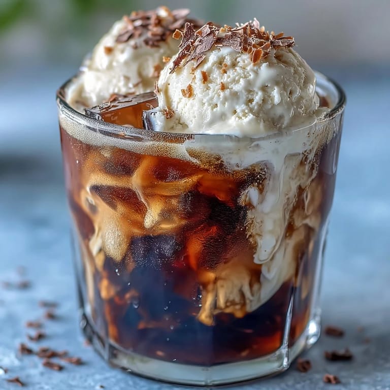 Creamy coconut cold brew coffee poured over ice, with a scoop of vanilla bean ice cream melting slowly into the glass.